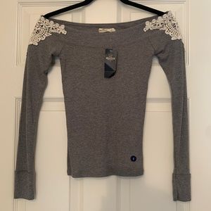 Hollister Grey Off the Shoulder Lace Top (Small)